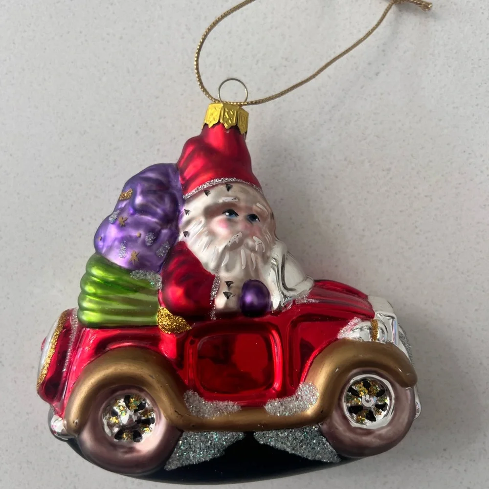 Vintage Midwest Of Cannon Falls Santa In A Car Glass  Christmas‎ Ornament 4.5”